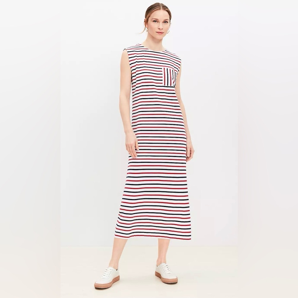 LOFT Red, White, and Blue Striped Pocket Cotton Blend Muscle Midi Tee Dress, M